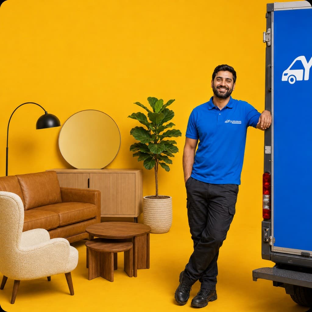 YourVans consultant in uniform beside a branded van and household furniture