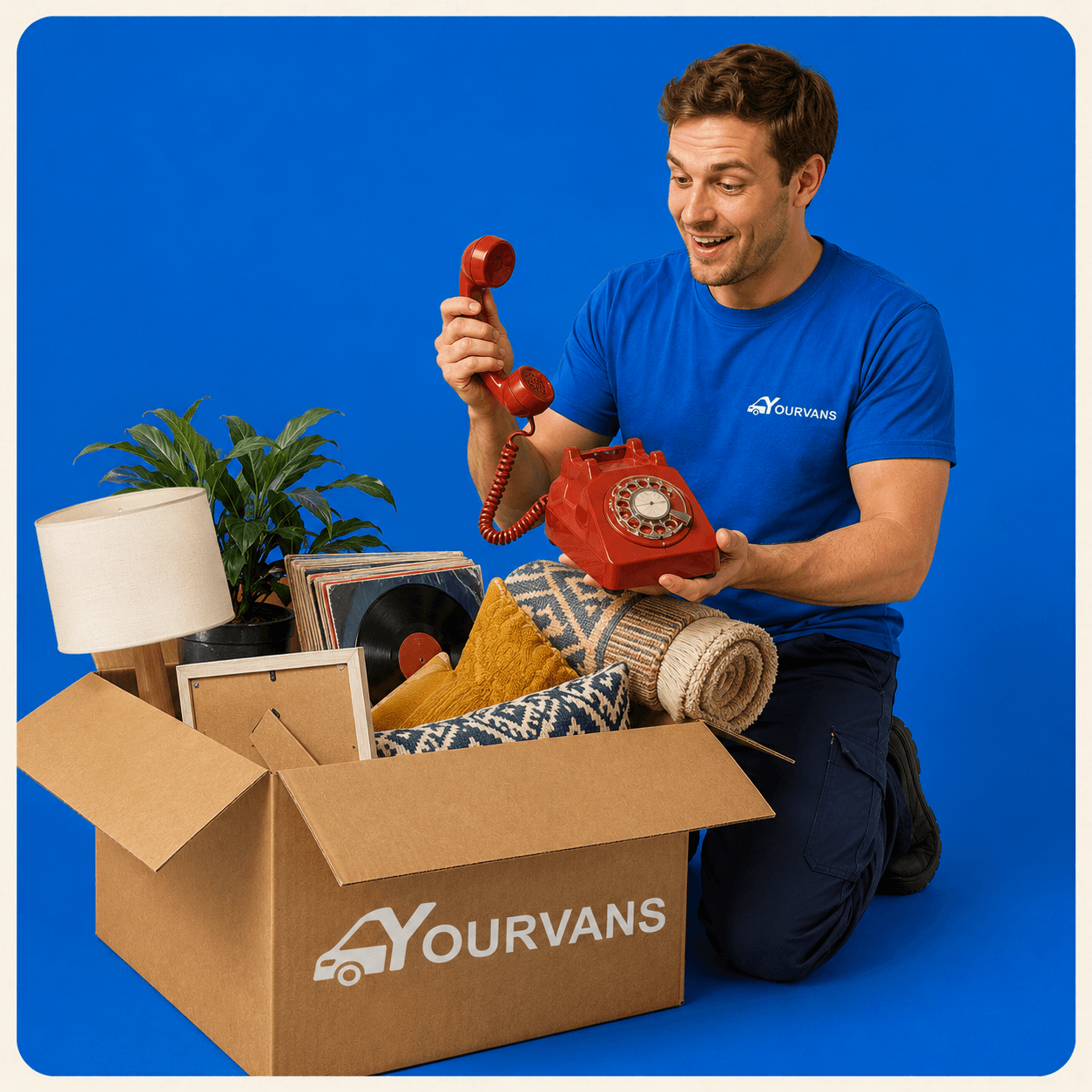 YourVans mover holding a red telephone beside an open branded box of household belongings